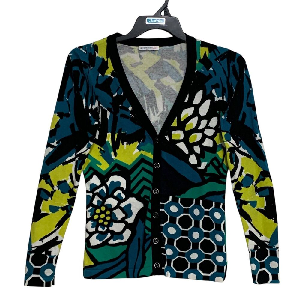 Isaac Mizrahi Live! Cardigan Sweater Sz Med Multicolor Abstract V-Neck Button-Up
